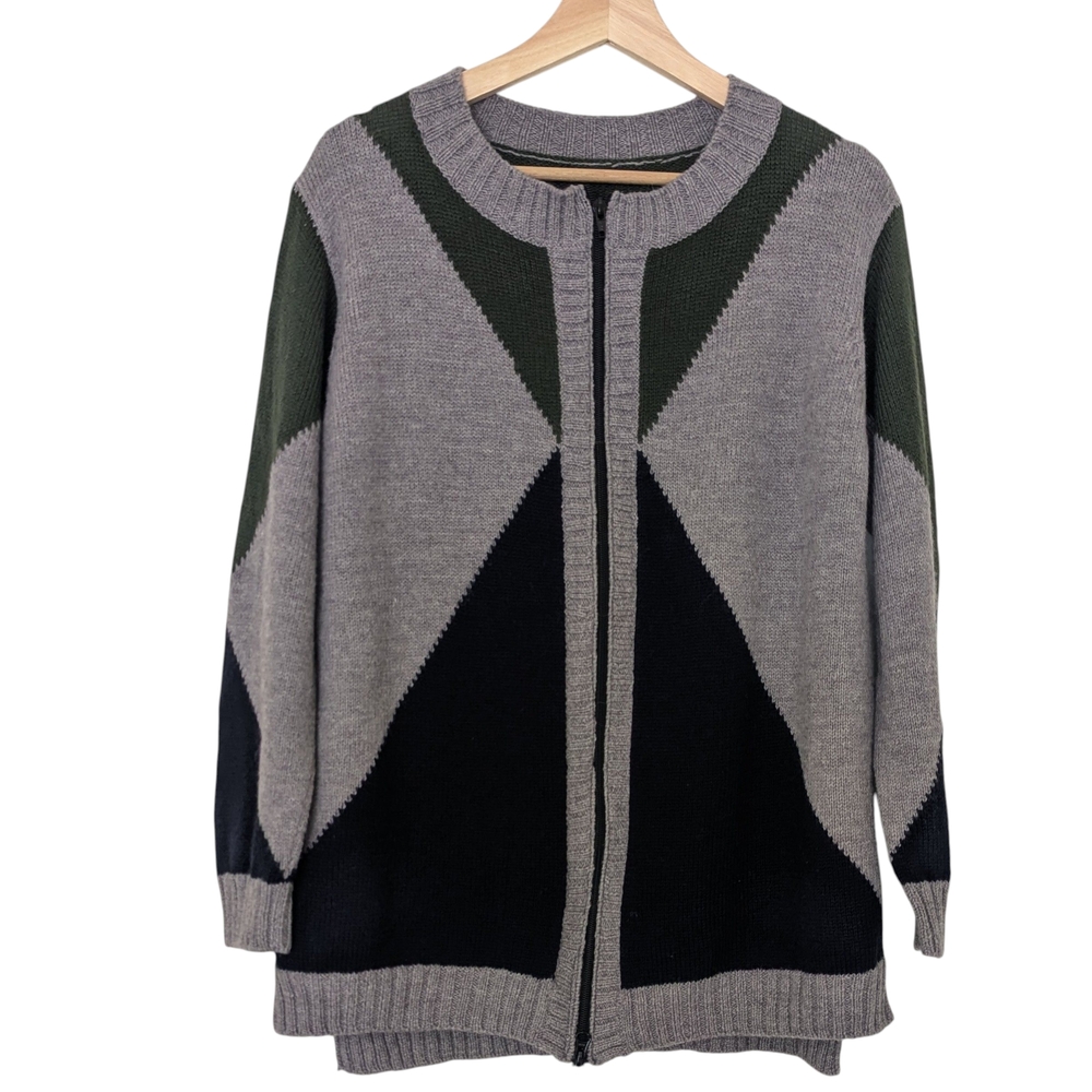 Handmade Knit Geometric Wool Cardigan - Gray, Navy, Green, M-L